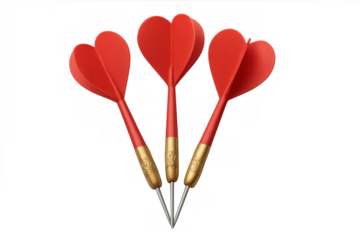 Darts with red heart shaped flights symbolizing love concept, isolated on transparent background