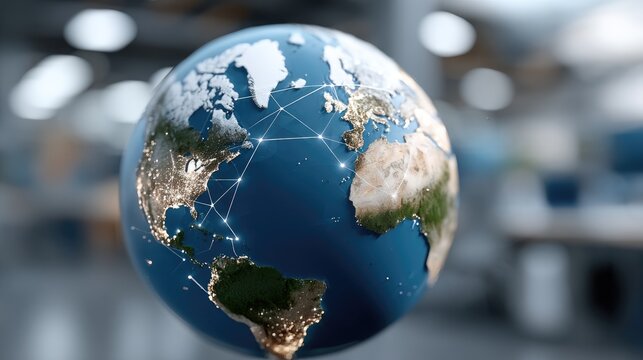 A 3D globe illustrates global connections with lines and dots of light, symbolizing the digital world and international links - Powered by Adobe