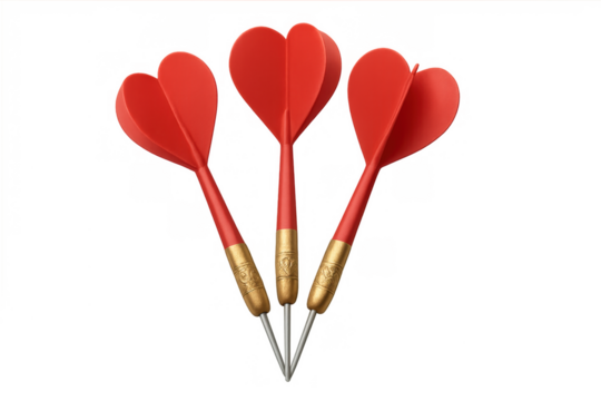 Darts with red heart shaped flights symbolizing love concept, isolated on transparent background