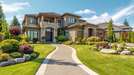 beautiful exterior of newly built luxury home yard with green grass and walkway lead to front entrance no logos no brands ar 169