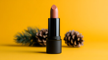 Elegant lipstick with black casing and a nude shade, set against a warm yellow backdrop with pinecones for a touch of nature's beauty. Perfect for a subtle, polished look.