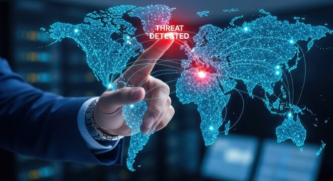 Technology, AI & Big Data, Cybersecurity: A security analyst's hand points to a "Threat Detected" alert on a holographic world map showing a cyberattack's origin