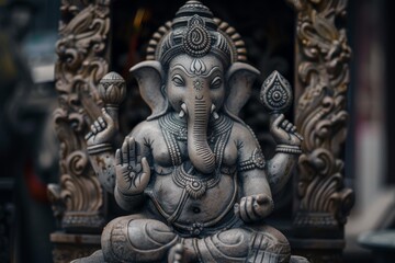 Stone statue of ganesha, the hindu god of wisdom and prosperity, holding a lotus flower and making a gesture of blessing