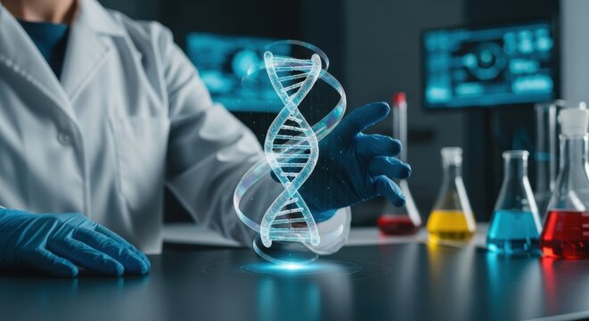 Healthcare & Biotechnology ,DNA Sequencing: A scientist's gloved hand rotates a large, 3D holographic model of a DNA double helix.