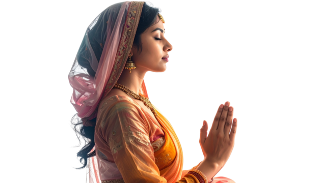 Side View of Indian Woman Meditating in Lotus Position, Peaceful Expression, Isolated on Transparent Background - Powered by Adobe