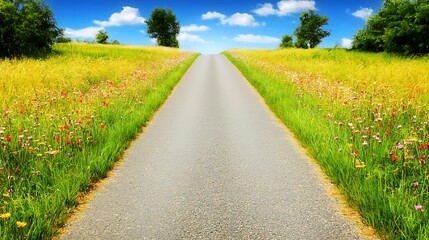 Fototapeta premium Quiet countryside road surrounded by flowering grass, trees, and open blue sky with gentle clouds