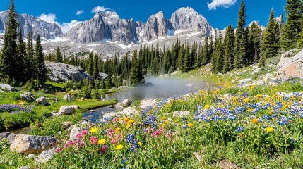 Peaceful waterway winding through valley filled with wildflowers and fog drifting above the surface