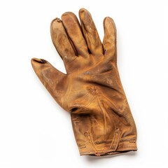 Old dirty brown leather work glove isolated on white background, showing signs of wear and tear