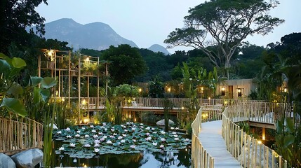 Peaceful twilight scene of lotus-covered pond, wooden bridge, surrounding trees, and mountain reflection in water