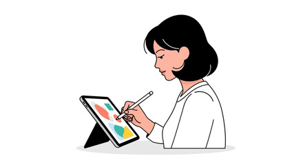 Illustration of a woman using a stylus on a tablet device to create digital art.