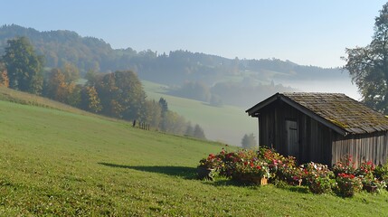Fototapeta premium Peaceful rural meadow with flower beds wooden hut and warm sunlight filtering through soft haze