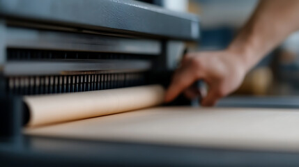 A craftsman carefully feeds paper into a vintage printing press, adjusting its position with precision. The rhythmic hum of the machinery fills the air. Focus on craft and skill.