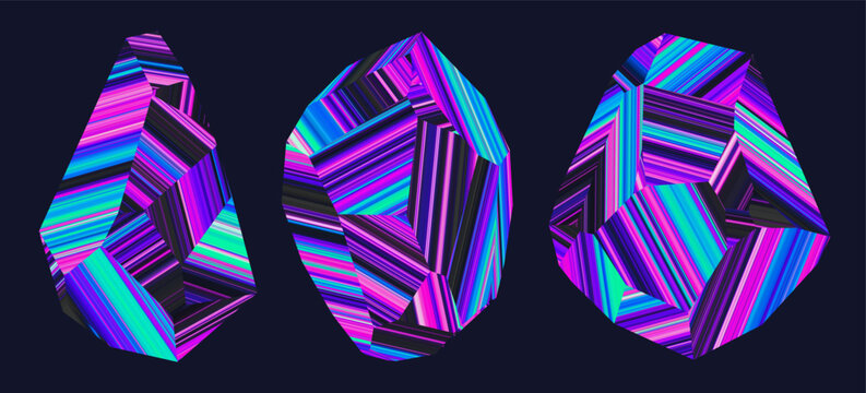 Set of neon geometric crystals made of parallel thin glowing lines. Polygonal crystalline digital forms refracts digital light into rhythmic geometric patterns for poster design or creative concepts