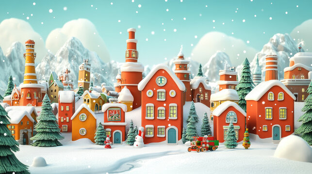 Christmas toy factory scene depicting charming cartoon buildings and snowy landscapes, illustrating the festive spirit of winter holidays with space for text