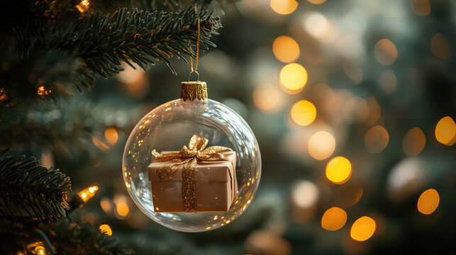 Transparent Christmas ball hanging on a festive evergreen tree, holding a sparkling red gift inside, a shimmering symbol of giving and holiday celebration against a blurred street of bokeh lights - Powered by Adobe