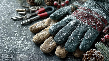 Pair of blue gloves with christmas decorations, construction tools and fir tree branch lying on snowy gray surface, creating cozy winter holiday atmosphere for construction workers