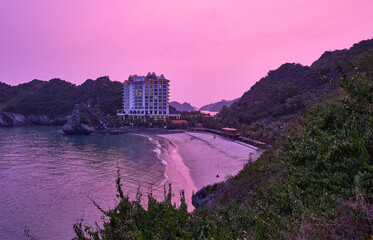 purple sunset on cat ba island, in vietnam
