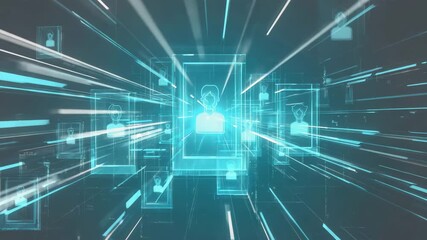 Digital network with glowing user profile icons and radiating data lines representing global connection and communication - Powered by Adobe