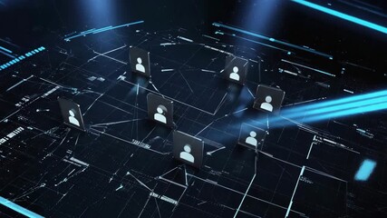 Digital network of connected user icons on a futuristic circuit board representing social media or data exchange - Powered by Adobe