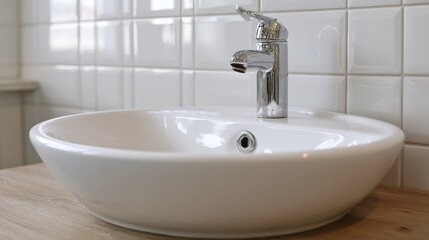 Fototapeta premium closeup of porcelain washbasin in bright bathroom no logos no brands ar 169