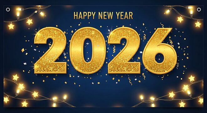 Festive happy new year 2026 banner with golden glitter numbers, confetti, and star string lights on a dark blue background - Powered by Adobe