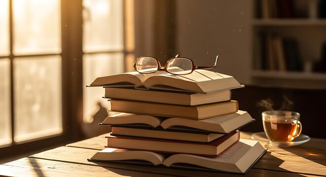 A stack of books with glasses and a cup of tea in warm sunlight - Powered by Adobe