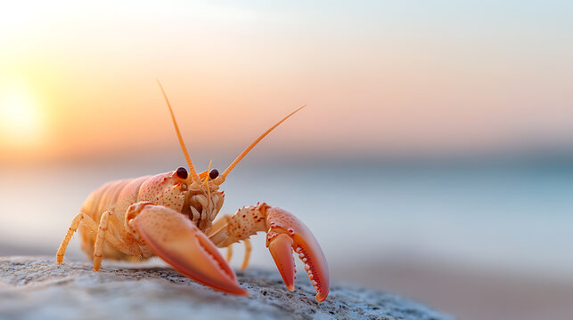 A captivating closeup of a vibrant crustacean, its orange shell glowing under the warm hues of the setting sun. Its claws stand ready on a rocky surface, near the ocean.