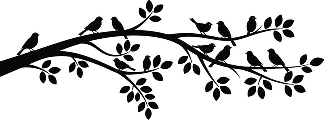 Stylized Black Silhouette of Small Birds Perching on a Curving Tree Branch with Leaves, Decorative Vector Illustration Representing Nature, Freedom, and Tranquility, Ideal for Wall Art Decals 