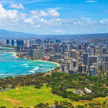 Panoramic view of honolulu city and waikiki beach from diamond head