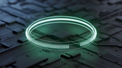 Glowing Green Ring on Futuristic Circuit Board Surface technology digital