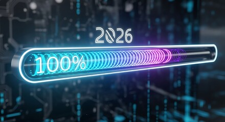 A futuristic loading bar with completion signifies the impending arrival of the year 2026 in a digital landscape