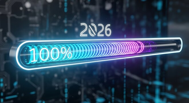 A futuristic loading bar with completion signifies the impending arrival of the year 2026 in a digital landscape - Powered by Adobe