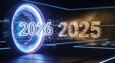 The year 2026 emerges from a portal of light, leaving 2025 behind in a burst of energy, symbolizing a futuristic transition and technological advancement