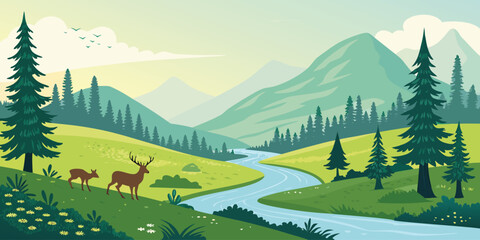 Vibrant flat illustration of a serene mountain landscape with winding river, green hills, pine trees, and deer grazing peacefully, nature scenery vector for travel, adventure, and outdoor design