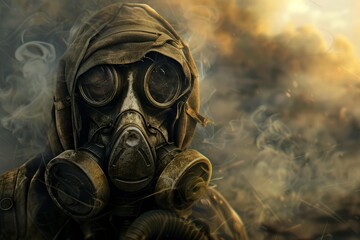 Soldier wearing gas mask in smoky war zone during sunset