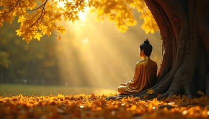 Golden Buddha statue sits under large tree in autumn park. Yellow leaves cover ground. Sunbeams filter through branches creating peaceful atmosphere. Spiritual scene. Zen.