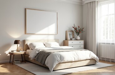 Modern beige bedroom with clean white linens on large bed. Empty wood frame hangs above headboard. Lamp, flowers on bedside table, dresser add warmth. Bright window light streams into cozy interior.