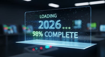 Loading 2026 new year on futuristic screen with 98 complete in digital server room, concept of technology and the future of the year
