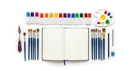 Art supplies arranged around a blank sketchbook isolated on white background