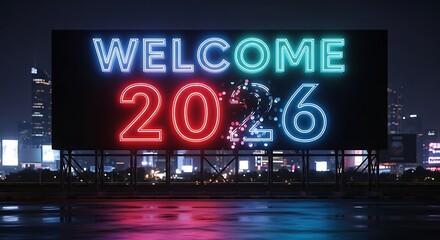 Welcome 2026 new year neon billboard sign at night with city skyline, concept of technology and the future of the year