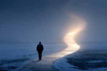 Lone person walking on a winding path glowing through misty, snowy landscape toward a mysterious light