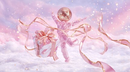 Joyful figure in fluffy pink attire with a disco ball helmet dances among soft clouds, holding a beautifully wrapped gift box, creating a whimsical and festive ambiance