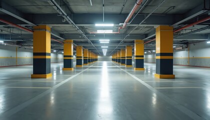 Fototapeta premium Empty modern underground parking garage shows yellow black columns. Long bright aisle clean concrete floor. White parking lines visible. No vehicles present in spacious multi-story carpark. Well