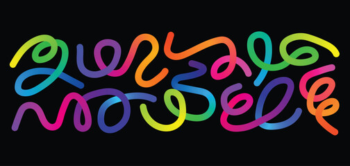 A vibrant collection of rainbow gradient shapes featuring smooth waves and squiggly abstract lines in vivid colors. Perfect for modern design, posters, and digital backgrounds. © GRAPHIC ZONE