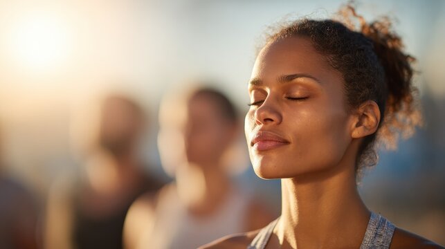 calm serene sporty young african american ethnic woman meditate sit namaste eyes closed doing breathing exercises practice relaxing at outdoor group multiethnic yoga class in morning sunrise light no