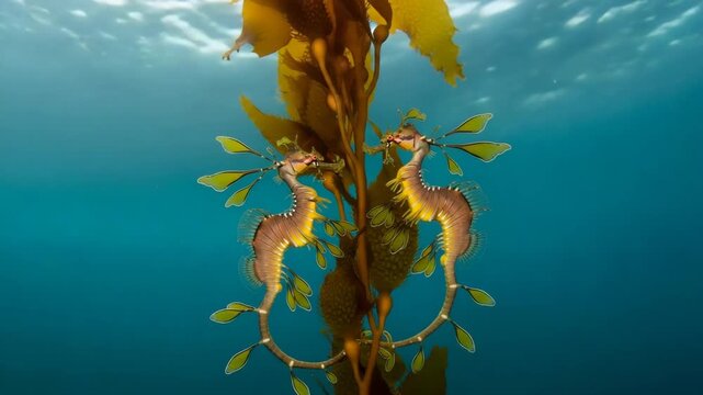 Two leafy seadragons swim among kelp in the ocean