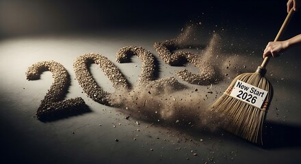 Hand sweeping away 2025 dust with a broom labeled new start 2026, symbolizing a fresh beginning and leaving the past behind