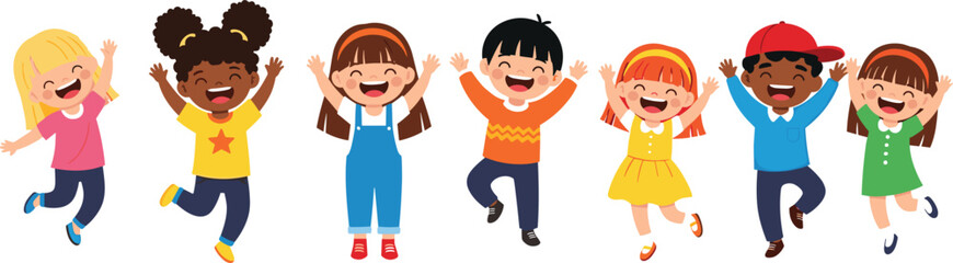 Happy diverse children jumping, smiling, celebrating friendship, unity, and joy, cartoon kids illustration for education, community, childhood, school, and social themes