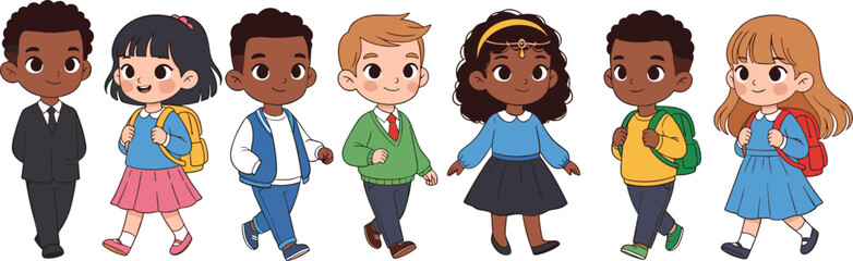 Cartoon children in school outfits, diverse student group standing together, educational illustration for classroom, friendship, learning, back to school, and community themes