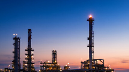 Obraz premium Industrial complex silhouetted against twilight sky. Towers and pipes glow with warm lights, signifying continuous operation and energy production. Atmospheric and striking scene.
